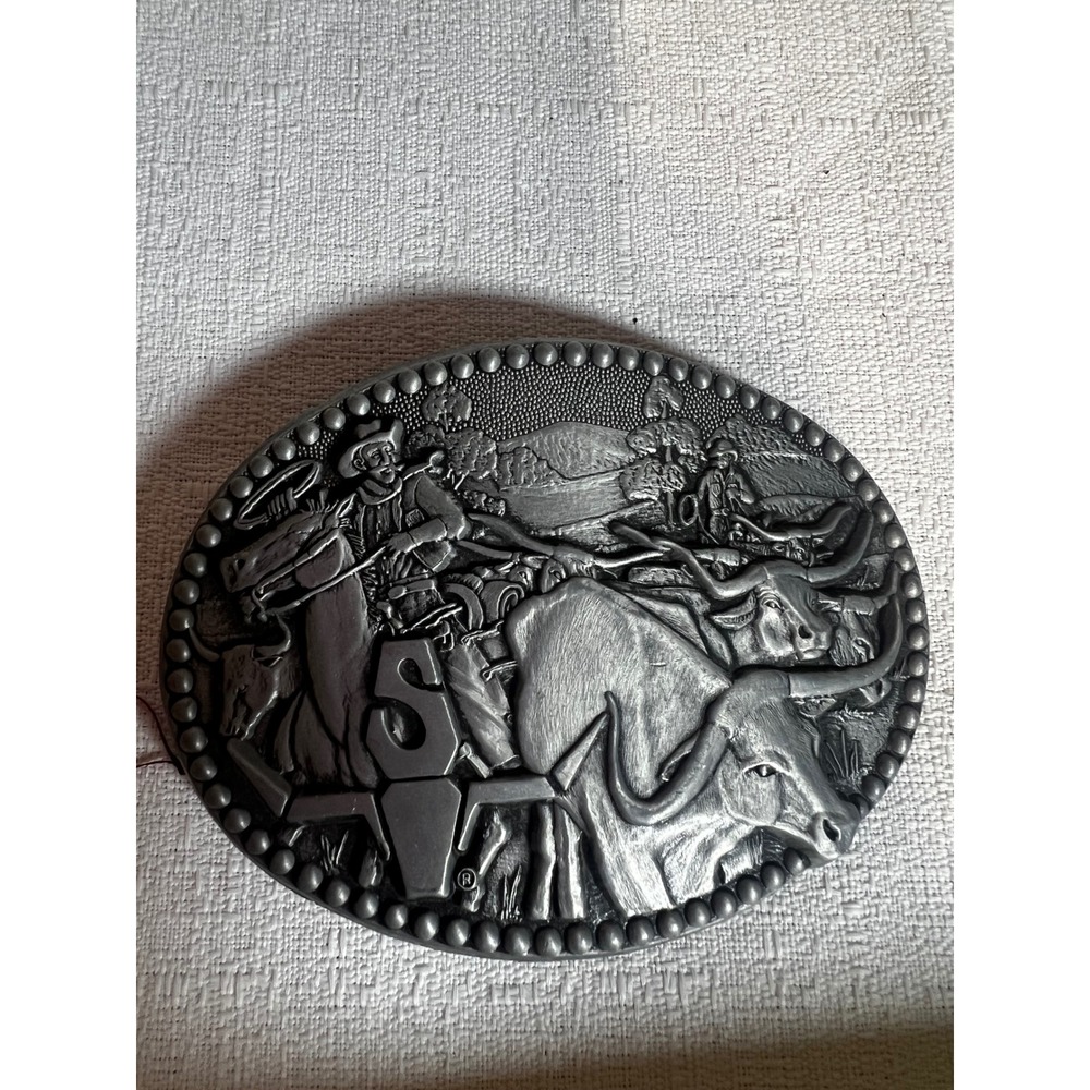 Zee Series ADM Western Cowboy Longhorn Cattle Belt Buckle Pewter Tone  Vintage